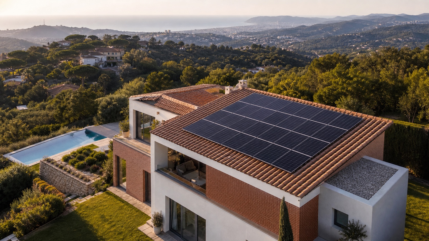 Vivienda con paneles solares en la cubierta